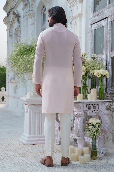 Amrit Dawani_Pink Muslin, Cotton Pearls Gardenia Embroidered Kurta With Trouser _Online_at_Aza_Fashions