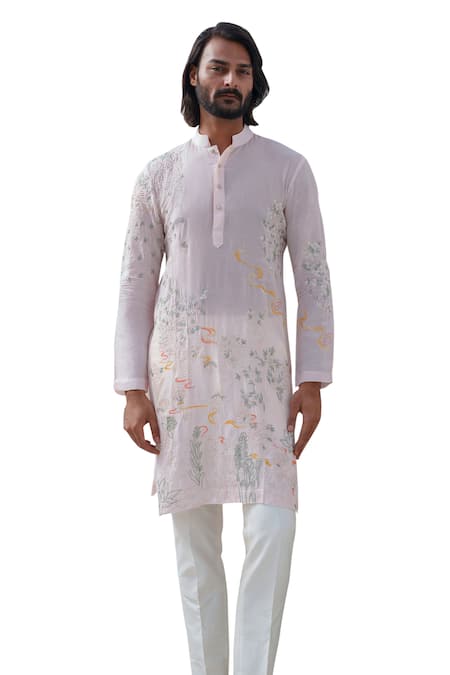 Buy Amrit Dawani Pink Muslin, Cotton Pearls Gardenia Embroidered Kurta With Trouser Online at Aza Fashions Buy_Amrit Dawani_Pink Muslin, Cotton Pearls Gardenia Embroidered Kurta With Trouser _Online_at_Aza_Fashions