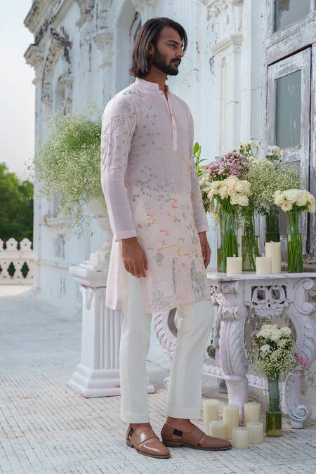 Shop_Amrit Dawani_Pink Muslin, Cotton Pearls Gardenia Embroidered Kurta With Trouser _Online_at_Aza_Fashions