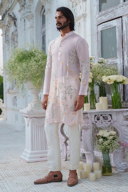 Amrit Dawani_Pink Muslin, Cotton Pearls Gardenia Embroidered Kurta With Trouser _at_Aza_Fashions