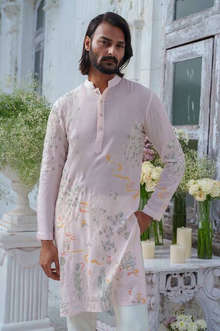 Shop_Amrit Dawani_Pink Muslin, Cotton Pearls Gardenia Embroidered Kurta With Trouser 