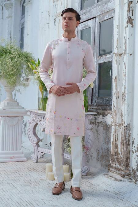 Shop_Amrit Dawani_Pink Cotton, Silk Embroidery Garden Bloom Kurta With Trouser _Online_at_Aza_Fashions