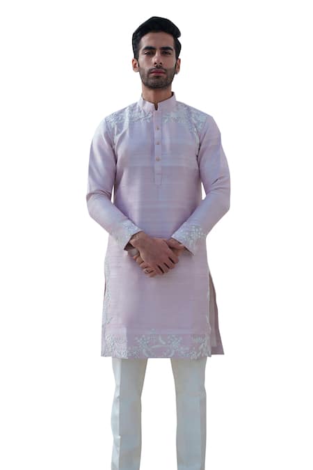 Shop Amrit Dawani Pink Cotton, Silk Embroidery Flora Kurta With Trouser Online at Aza Fashions Shop_Amrit Dawani_Pink Cotton, Silk Embroidery Flora Kurta With Trouser _Online_at_Aza_Fashions