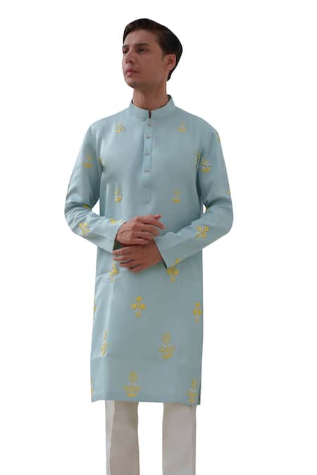 Shop Amrit Dawani Blue Cotton, Silk Embroidery Persian Fleur Kurta With Trouser Online at Aza Fashions Shop_Amrit Dawani_Blue Cotton, Silk Embroidery Persian Fleur Kurta With Trouser _Online_at_Aza_Fashions