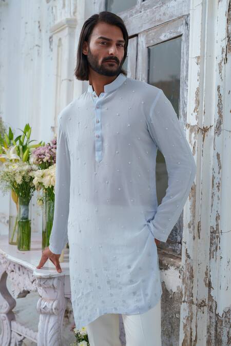 Shop_Amrit Dawani_Blue Muslin, Cotton, Silk Beads Starlet Embroidered Kurta With Trouser _Online_at_Aza_Fashions