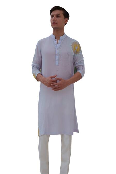 Shop Amrit Dawani Blue Muslin, Cotton, Silk Beads Helix Bloom Embroidered Kurta With Trouser Online at Aza Fashions Shop_Amrit Dawani_Blue Muslin, Cotton, Silk Beads Helix Bloom Embroidered Kurta With Trouser _Online_at_Aza_Fashions