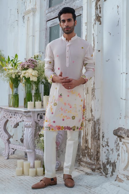 Buy White Muslin Embroidery French Fleur Kurta With Trouser For Men by ...