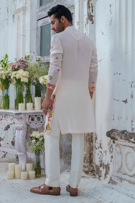 Amrit Dawani_White Muslin, Cotton, Silk Sequins, French Fleur Embroidered Kurta With Trouser _Online_at_Aza_Fashions