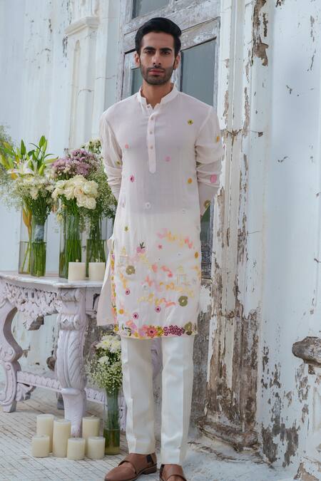 Buy_Amrit Dawani_White Muslin, Cotton, Silk Sequins, French Fleur Embroidered Kurta With Trouser _Online_at_Aza_Fashions