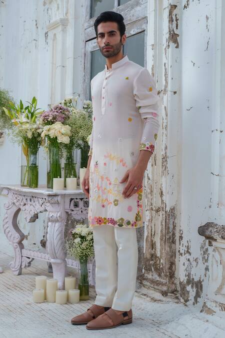 Amrit Dawani_White Muslin, Cotton, Silk Sequins, French Fleur Embroidered Kurta With Trouser _at_Aza_Fashions