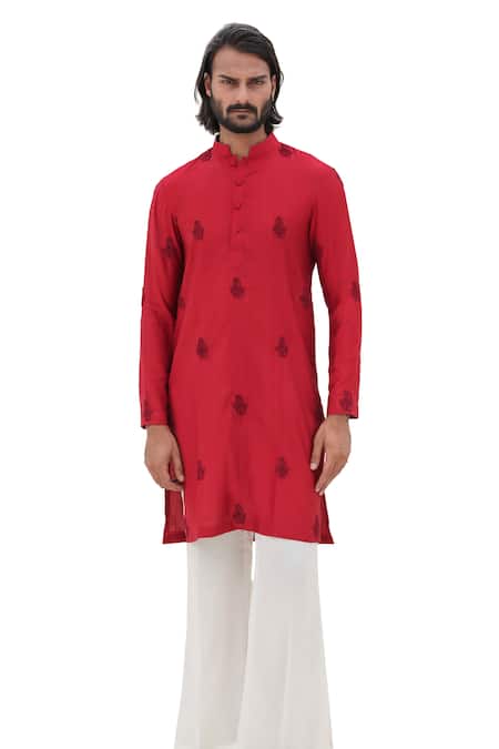 Amrit Dawani Red Cotton, Modal, Silk Beads Damask Embroidered Kurta With Trouser at Aza Fashions Amrit Dawani_Red Cotton, Modal, Silk Beads Damask Embroidered Kurta With Trouser _at_Aza_Fashions