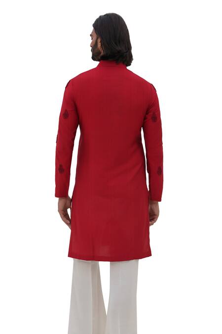 Buy Amrit Dawani Red Cotton, Modal, Silk Beads Damask Embroidered Kurta With Trouser Buy_Amrit Dawani_Red Cotton, Modal, Silk Beads Damask Embroidered Kurta With Trouser