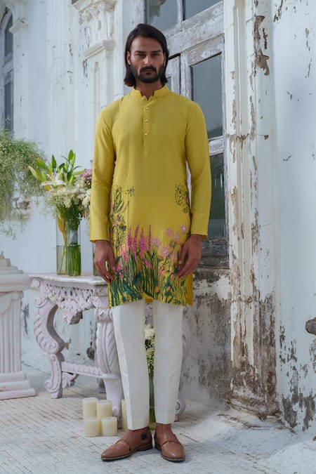 Amrit Dawani Green Cotton Blend Hand Paint Spring Blossom Kurta With Trouser