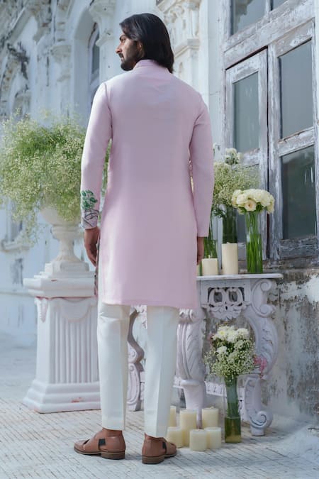 Amrit Dawani_Pink Cotton Bird Hand Painted Kurta Set _Online_at_Aza_Fashions