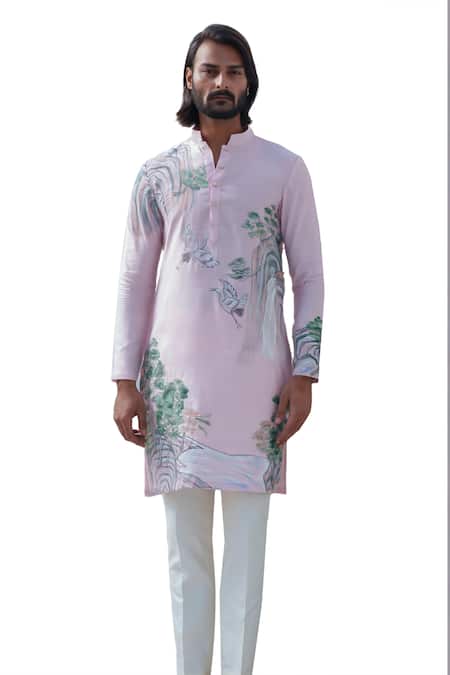 Buy_Amrit Dawani_Pink Cotton Bird Hand Painted Kurta Set _Online_at_Aza_Fashions