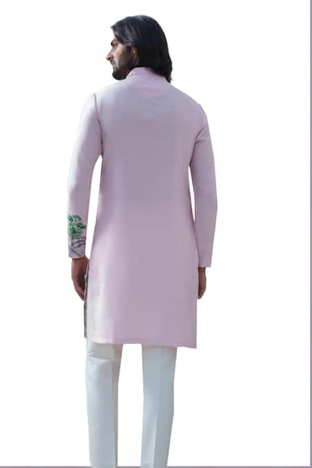 Amrit Dawani_Pink Cotton Bird Hand Painted Kurta Set _at_Aza_Fashions