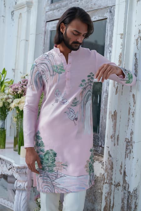 Buy_Amrit Dawani_Pink Cotton Bird Hand Painted Kurta Set 