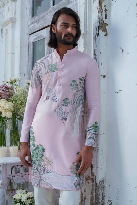 Shop Amrit Dawani Pink Cotton Bird Hand Painted Kurta Set Shop_Amrit Dawani_Pink Cotton Bird Hand Painted Kurta Set