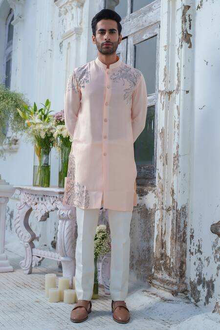 Buy_Amrit Dawani_Peach Cotton Embroidery Animal Hand Painted Kurta Set _Online_at_Aza_Fashions