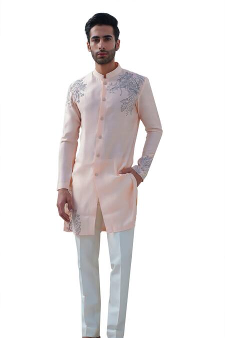 Shop_Amrit Dawani_Peach Cotton Embroidery Animal Hand Painted Kurta Set _Online_at_Aza_Fashions