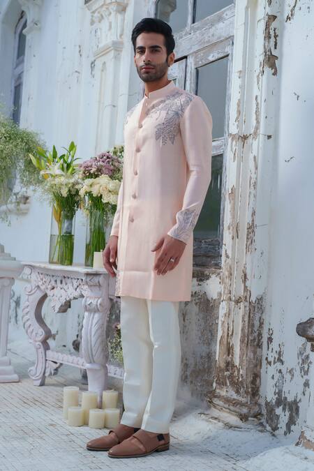 Amrit Dawani_Peach Cotton Embroidery Animal Hand Painted Kurta Set _at_Aza_Fashions