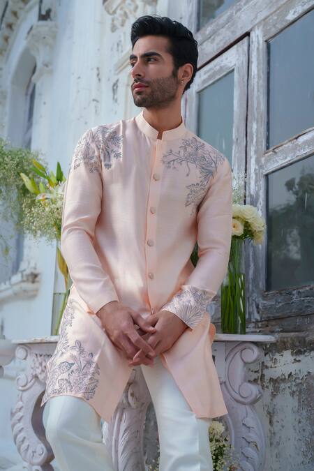 Shop_Amrit Dawani_Peach Cotton Embroidery Animal Hand Painted Kurta Set 