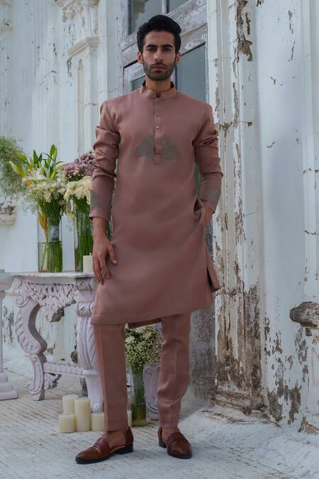 Amrit Dawani_Brown Modal, Silk Beads Placement Embroidered Kurta Set _Online_at_Aza_Fashions