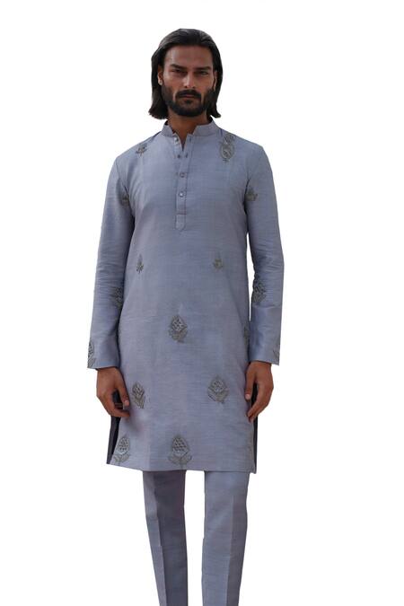 Buy_Amrit Dawani_Grey Cotton, Silk Beads, Embroidery Floral Kurta Set _Online_at_Aza_Fashions