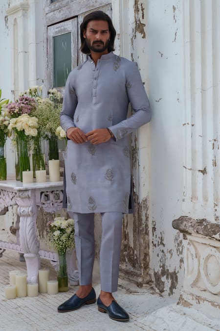 Shop_Amrit Dawani_Grey Cotton, Silk Beads, Embroidery Floral Kurta Set _Online_at_Aza_Fashions