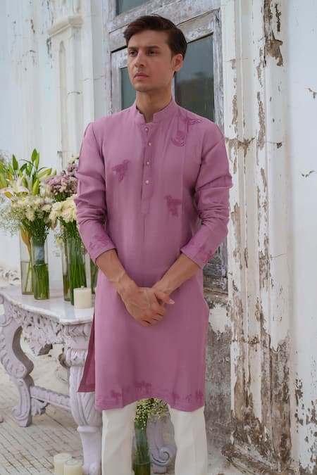 Amrit Dawani_Purple , Satin Beads Bird Placement Embroidered Kurta Set _Online_at_Aza_Fashions