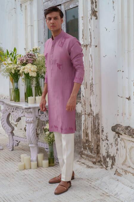 Amrit Dawani_Purple , Satin Beads Bird Placement Embroidered Kurta Set _at_Aza_Fashions