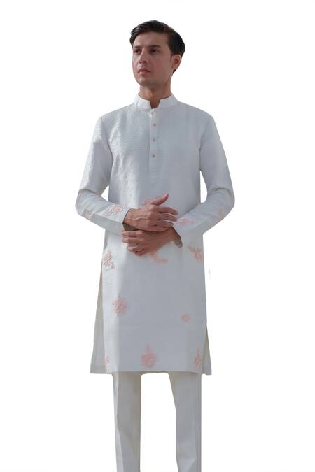 Amrit Dawani Ivory Cotton, Silk Sequins, Beads Floral Placement Embroidered Kurta Set Online at Aza Fashions Amrit Dawani_Ivory Cotton, Silk Sequins, Beads Floral Placement Embroidered Kurta Set _Online_at_Aza_Fashions