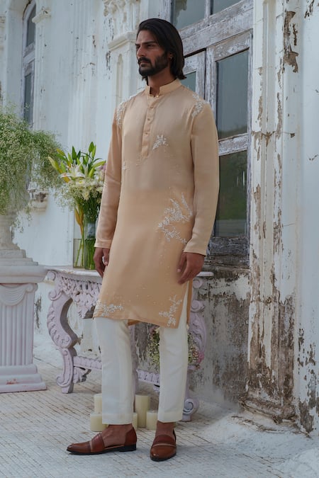 Shop_Amrit Dawani_Beige Modal, Silk, Cotton Beads Embroidered Kurta Set _Online_at_Aza_Fashions