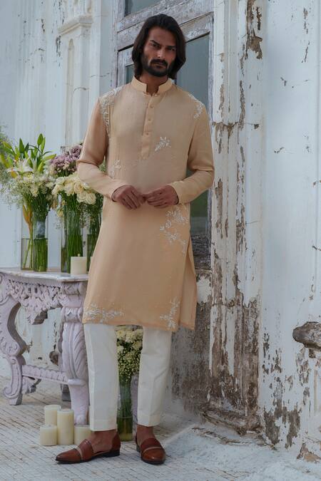Buy_Amrit Dawani_Beige Modal, Silk, Cotton Beads Embroidered Kurta Set 