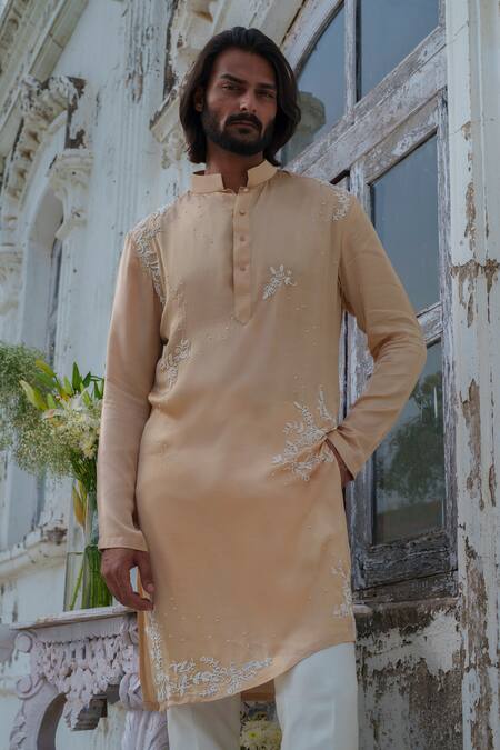 Shop_Amrit Dawani_Beige Modal, Silk, Cotton Beads Embroidered Kurta Set 