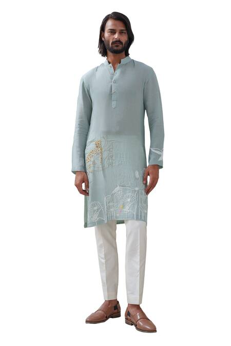 Buy Amrit Dawani Green Muslin, Cotton Satin, Cotton, Silk Embroidery Animal Placement Kurta Set Online at Aza Fashions Buy_Amrit Dawani_Green Muslin, Cotton Satin, Cotton, Silk Embroidery Animal Placement Kurta Set _Online_at_Aza_Fashions