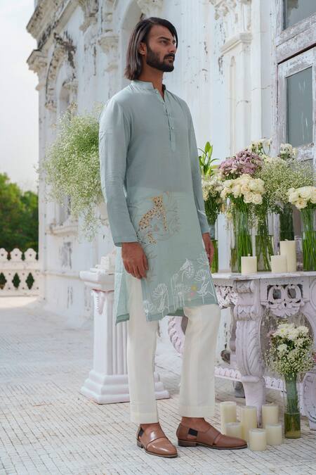 Shop_Amrit Dawani_Green Muslin, Cotton Satin, Cotton, Silk Embroidery Animal Placement Kurta Set _Online_at_Aza_Fashions