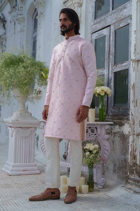Shop_Amrit Dawani_Pink Silk, Cotton Embroidery Kurta Set _Online_at_Aza_Fashions