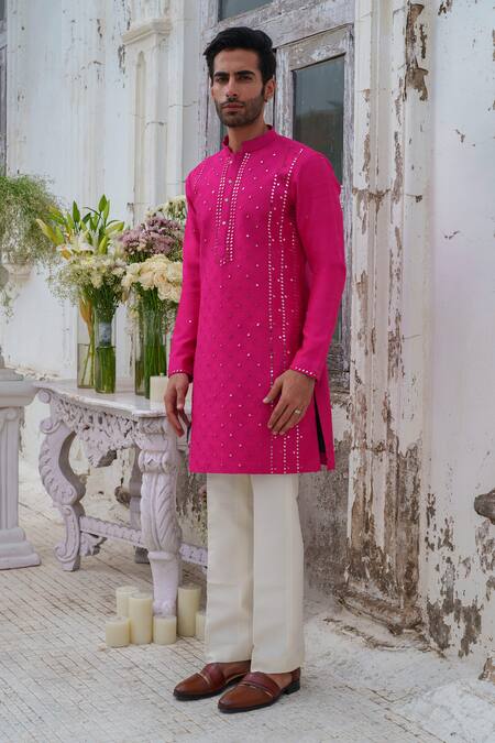 Shop_Amrit Dawani_Pink Silk, Cotton, Modal Embroidery Mirror Work Kurta Set With Stole _Online_at_Aza_Fashions