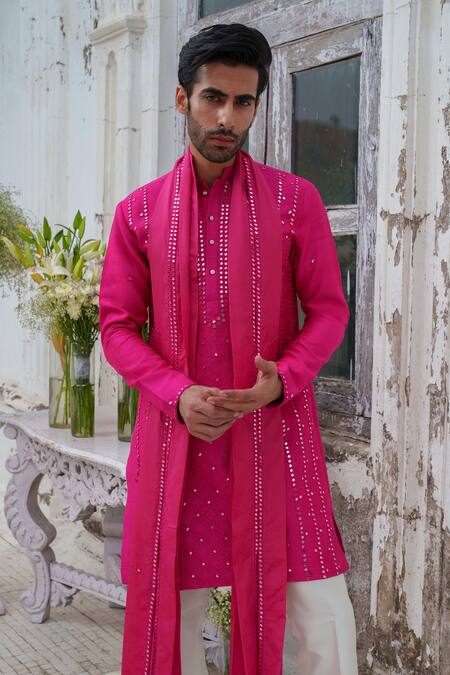 Shop_Amrit Dawani_Pink Silk, Cotton, Modal Embroidery Mirror Work Kurta Set With Stole 