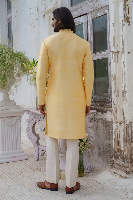Amrit Dawani_Yellow Silk, Cotton, Modal Mirrors, Embroidery Kurta Set With Stole _Online_at_Aza_Fashions