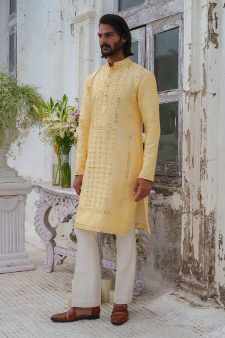 Amrit Dawani_Yellow Silk, Cotton, Modal Mirrors, Embroidery Kurta Set With Stole _at_Aza_Fashions