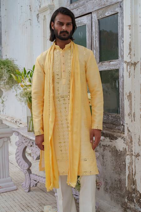 Shop_Amrit Dawani_Yellow Silk, Cotton, Modal Mirrors, Embroidery Kurta Set With Stole 