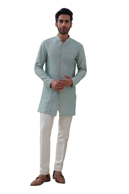 Amrit Dawani_Green Chanderi, Cotton Satin, Cotton, Silk Textured Pattern Kurta Set _Online_at_Aza_Fashions