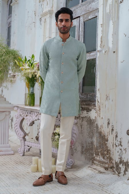 Buy_Amrit Dawani_Green Chanderi, Cotton Satin, Cotton, Silk Textured Pattern Kurta Set _Online_at_Aza_Fashions