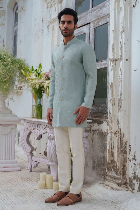 Shop_Amrit Dawani_Green Chanderi, Cotton Satin, Cotton, Silk Textured Pattern Kurta Set _Online_at_Aza_Fashions