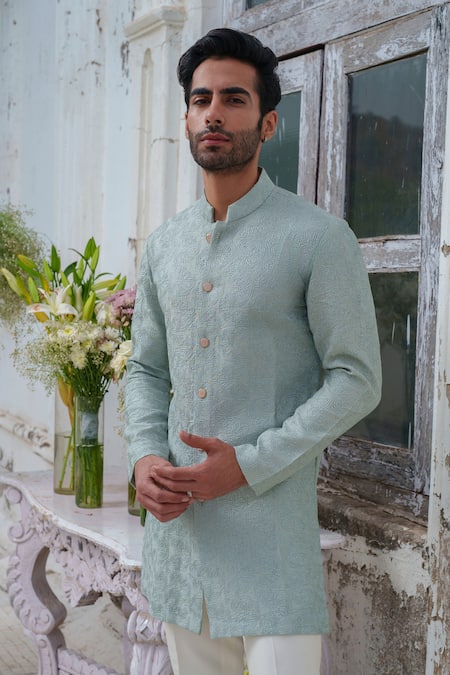 Shop_Amrit Dawani_Green Chanderi, Cotton Satin, Cotton, Silk Textured Pattern Kurta Set 