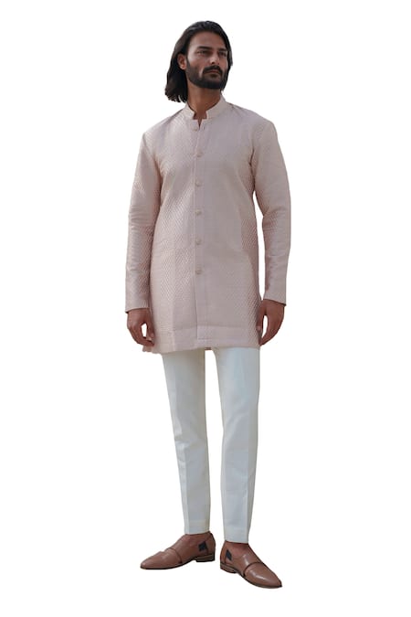 Buy_Amrit Dawani_Pink Chanderi, Cotton Satin, Cotton, Silk Textured Pattern Kurta Set _Online_at_Aza_Fashions