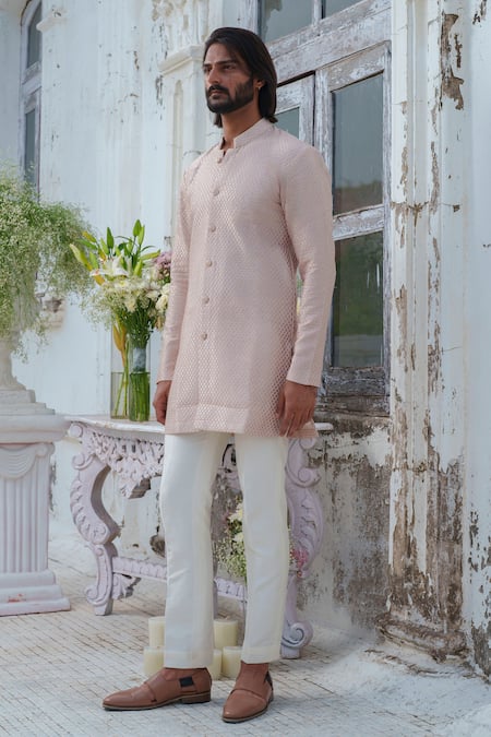 Shop_Amrit Dawani_Pink Chanderi, Cotton Satin, Cotton, Silk Textured Pattern Kurta Set _Online_at_Aza_Fashions