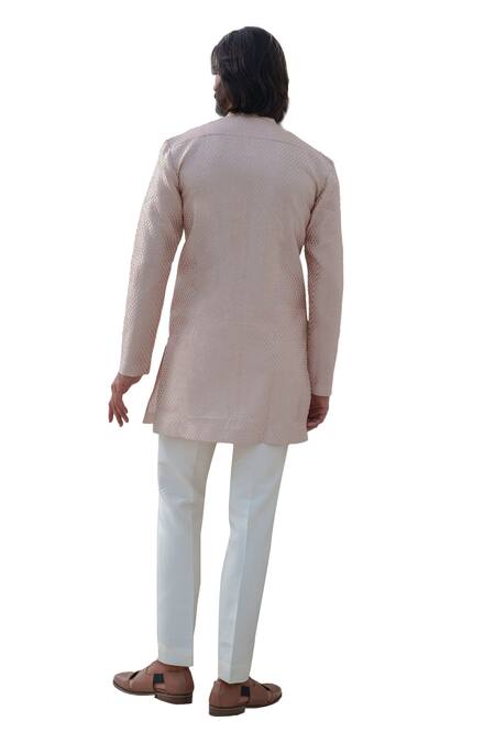 Amrit Dawani_Pink Chanderi, Cotton Satin, Cotton, Silk Textured Pattern Kurta Set _at_Aza_Fashions